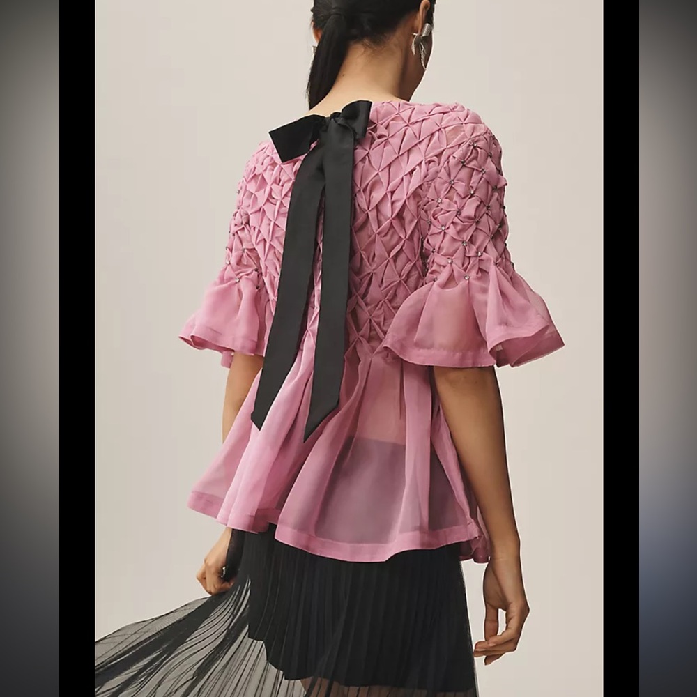 Maeve Pink Textured Blouse with Black Bow size M euc